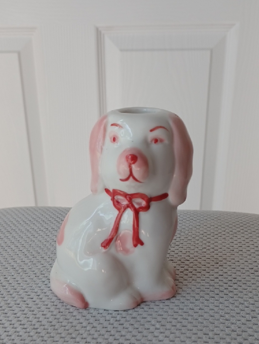 Source Unknown White Ceramic Puppy Candle Holder/  Figurine with Pink Accents